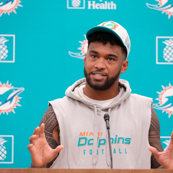 Miami Dolphins quarterback Tua Tagovailoa speaks during an NFL football news conference, Monday, Oct. 21, 2024, at the Dolphins training facility in Miami Gardens, Fla. (AP Photo/Wilfredo Lee)