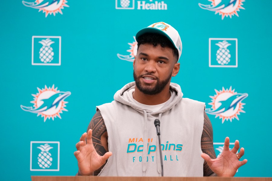 Miami Dolphins quarterback Tua Tagovailoa speaks during an NFL football news conference, Monday, Oct. 21, 2024, at the Dolphins training facility in Miami Gardens, Fla. (AP Photo/Wilfredo Lee)