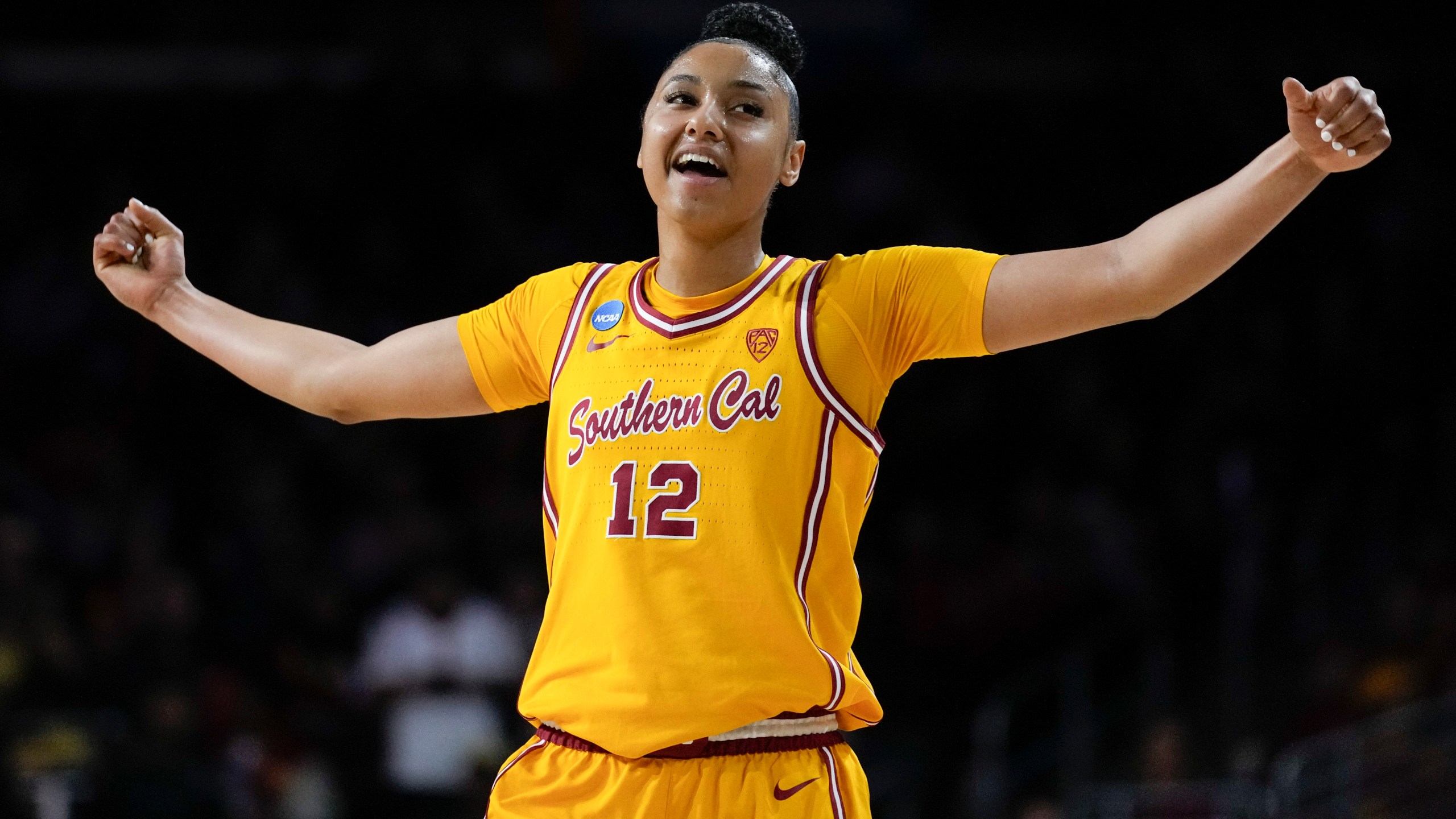 FILE - Southern California guard JuJu Watkins reacts after a shot during a second-round college basketball game against Kansas in the women's NCAA Tournament in Los Angeles, Monday, March 25, 2024. (AP Photo/Ashley Landis, File)