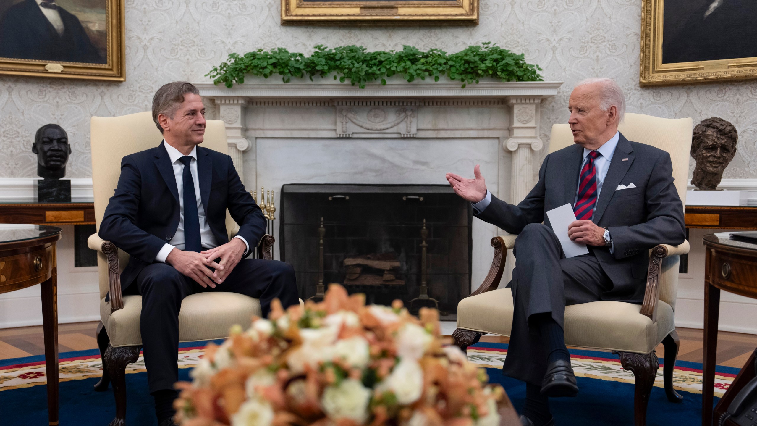 President Joe Biden meets with Slovenia's Prime Minister Robert Golob, left, in the Oval Office of the White House in Washington, Tuesday, Oct. 22, 2024. (AP Photo/Ben Curtis)