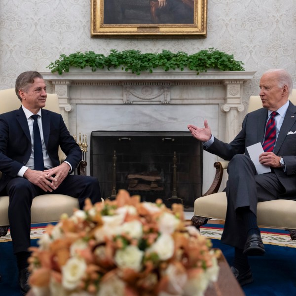 President Joe Biden meets with Slovenia's Prime Minister Robert Golob, left, in the Oval Office of the White House in Washington, Tuesday, Oct. 22, 2024. (AP Photo/Ben Curtis)