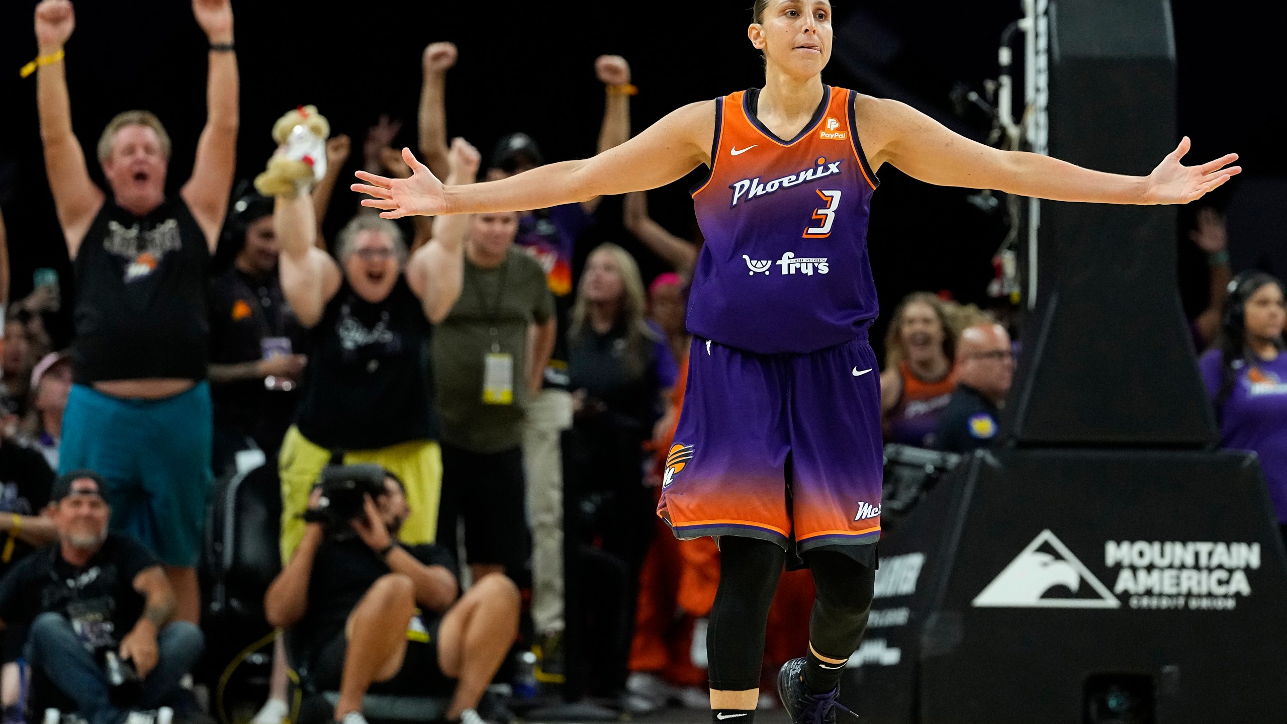 FILE - Phoenix Mercury's Diana Taurasi (3) celebrates after making her 10,000th career point, during the second half of a WNBA basketball game against the Atlanta Dream, Thursday, Aug. 3, 2023, in Phoenix.(AP Photo/Matt York)