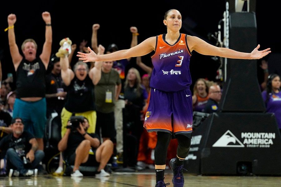 FILE - Phoenix Mercury's Diana Taurasi (3) celebrates after making her 10,000th career point, during the second half of a WNBA basketball game against the Atlanta Dream, Thursday, Aug. 3, 2023, in Phoenix.(AP Photo/Matt York)