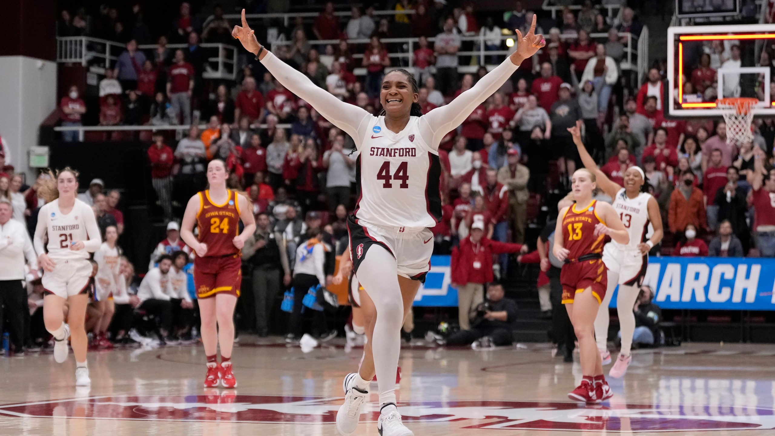 FILE - Then-Stanford forward Kiki Iriafen celebrates during a second-round college basketball game in the women's NCAA Tournament against Iowa State in Stanford, Calif., Sunday, March 24, 2024. (AP Photo/Jeff Chiu, File)