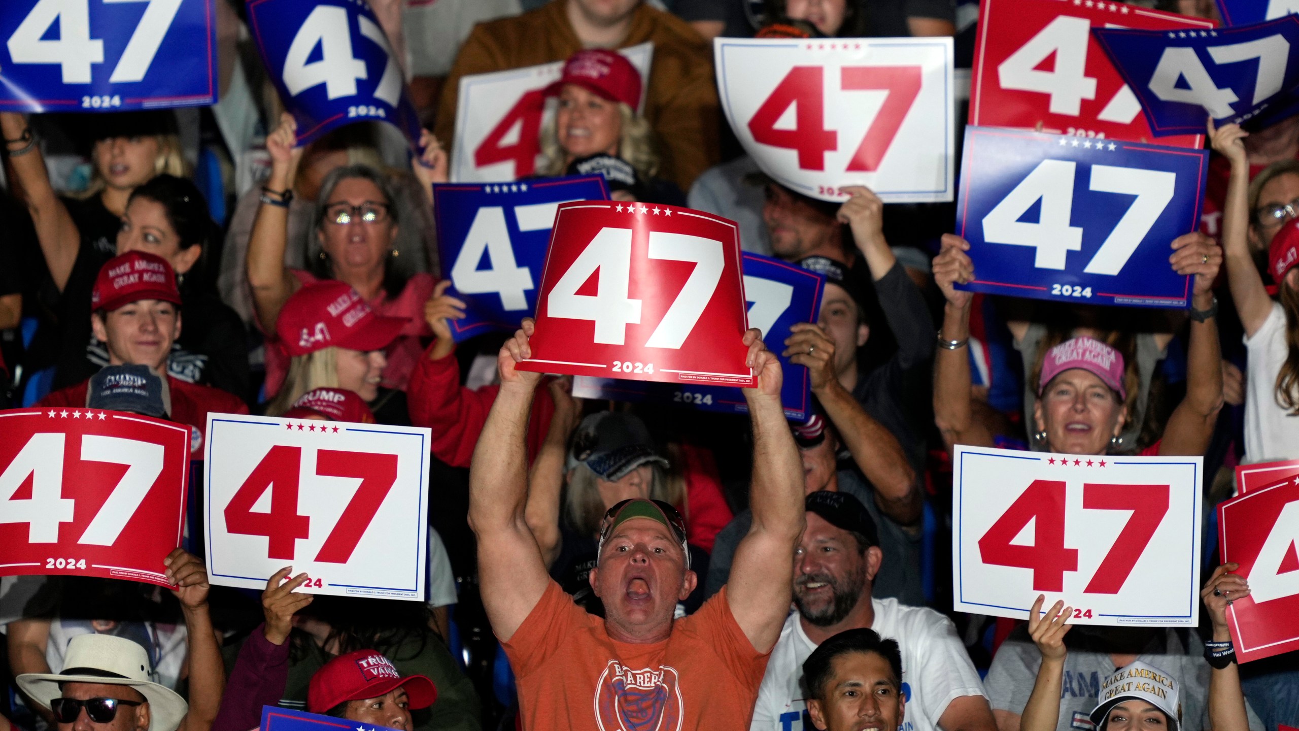 Supporters cheer before Republican presidential nominee former President Donald Trump speaks at a campaign rally at Greensboro Coliseum, Tuesday, Oct. 22, 2024, in Greensboro, N.C. (AP Photo/Julia Demaree Nikhinson)