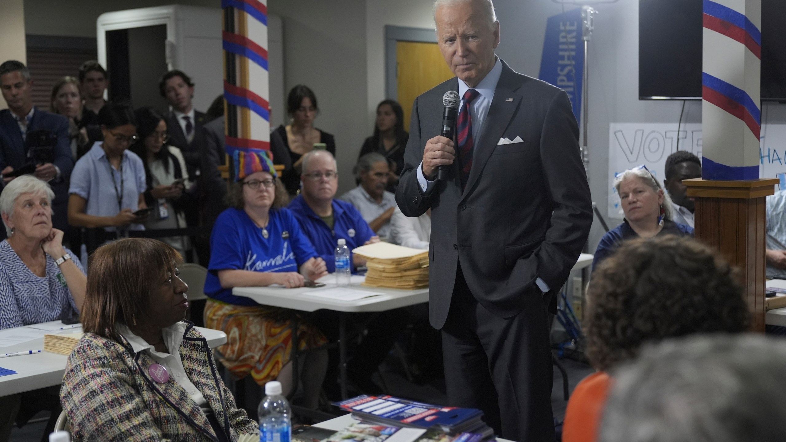 President Joe Biden visits a New Hampshire Democratic coordinated campaign office in Concord, NH, Tuesday, Oct. 22, 2024. (AP Photo/Manuel Balce Ceneta)