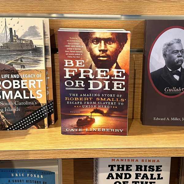 Books about Robert Smalls, who will soon be the first African American individual with a statue at the South Carolina Statehouse, are displayed at Reconstruction Era National Historic Park, Thursday, Sept. 12, 2024, in Beaufort, S.C. (AP Photo/Jeffrey Collins)