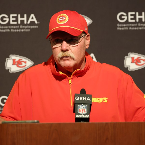 Kansas City Chiefs head coach Andy Reid speaks at a news conference after an NFL football game against the San Francisco 49ers in Santa Clara, Calif., Sunday, Oct. 20, 2024. (AP Photo/Jed Jacobsohn)