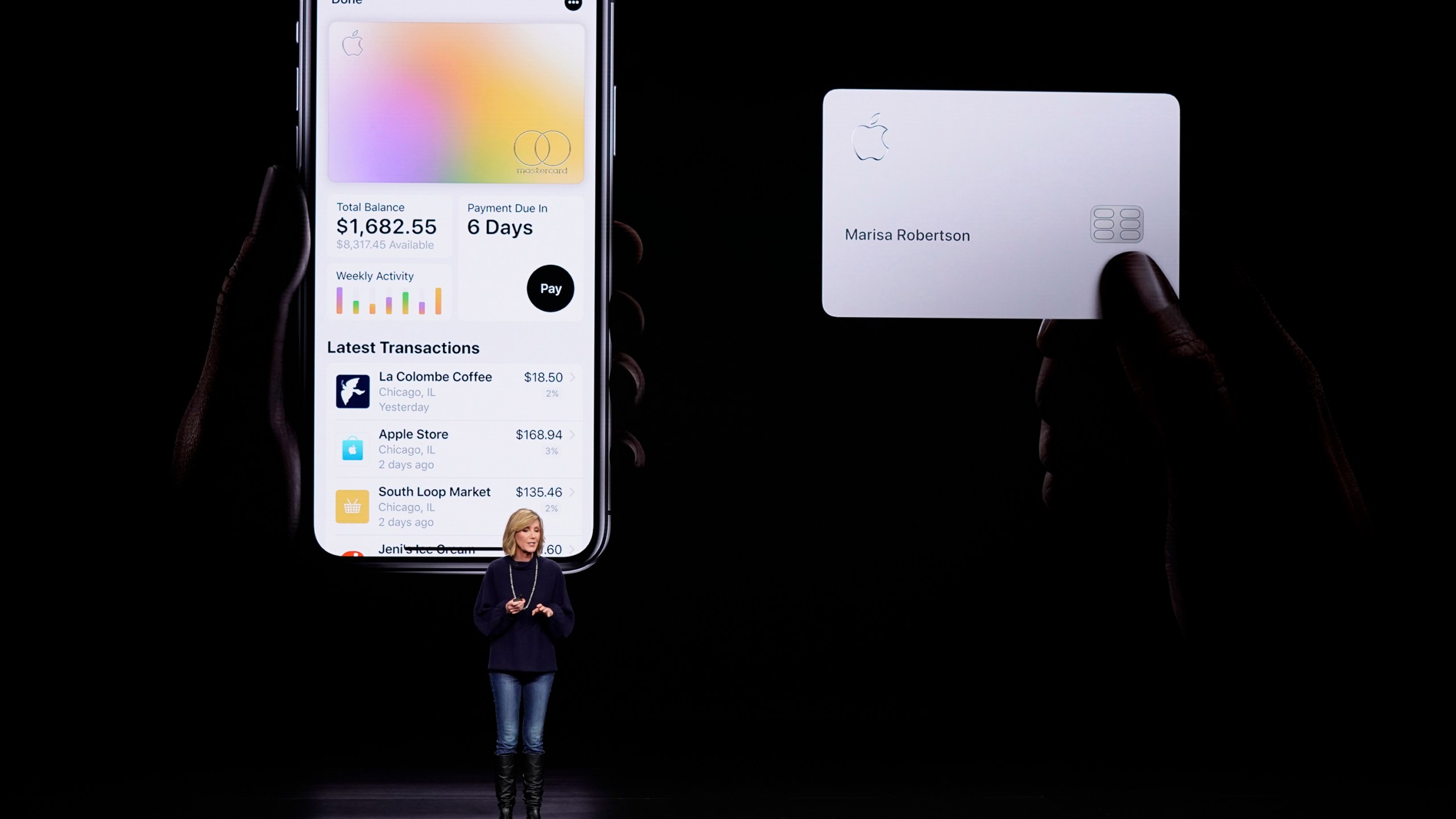 FILE - In this March 25, 2019, file photo, Jennifer Bailey, vice president of Apple Pay, speaks about the Apple Card at the Steve Jobs Theater in Cupertino, Calif. (AP Photo/Tony Avelar, File)