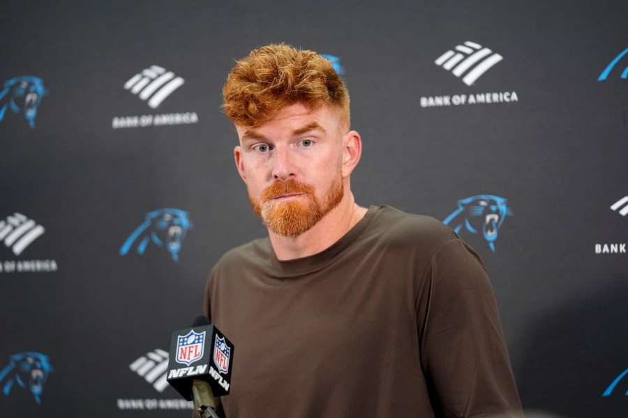 Carolina Panthers quarterback Andy Dalton speaks during a news conference after an NFL football game against the Washington Commanders, Sunday, Oct. 20, 2024, in Landover, Md. The Commanders 40-7. (AP Photo/Stephanie Scarbrough)