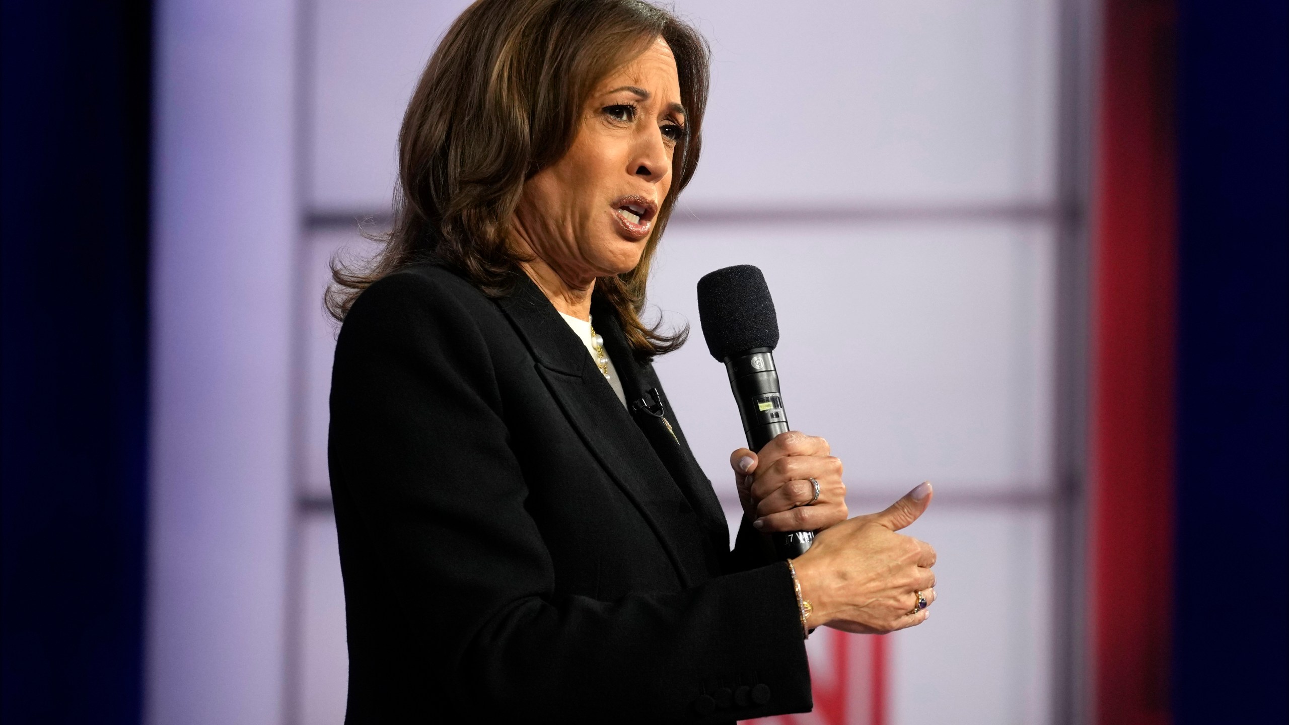 Democratic presidential nominee Vice President Kamala Harris speaks during a CNN town hall in Aston, Pa., Wednesday, Oct. 23, 2024. (AP Photo/Matt Rourke)