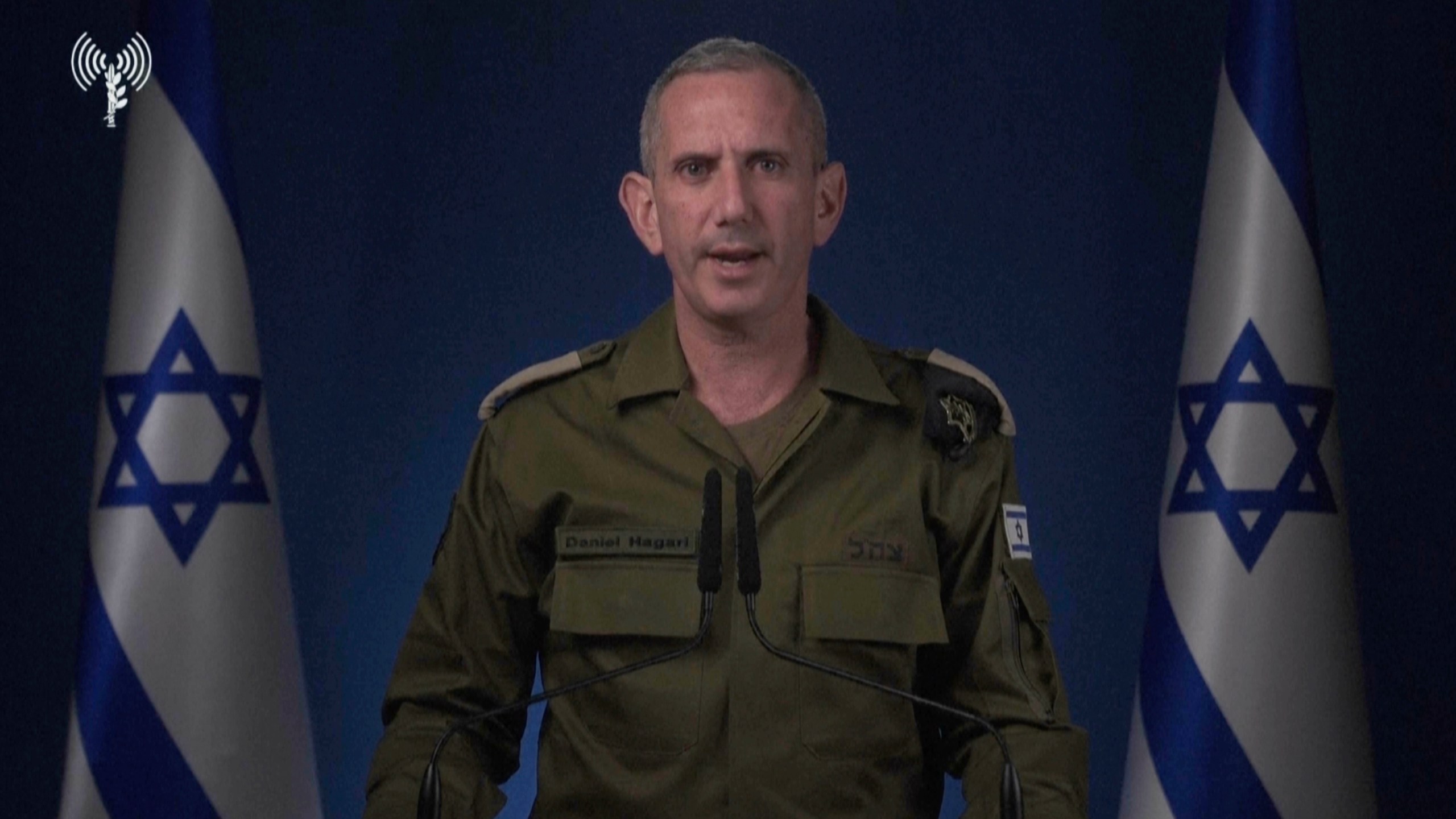 In this image taken from video released by the Israel Defense Forces early Saturday, Oct. 26, 2024, Israeli military spokesperson Rear Adm. Daniel Hagari announces that the IDF is conducting strikes on military targets in Iran. (Israel Defense Forces via AP)