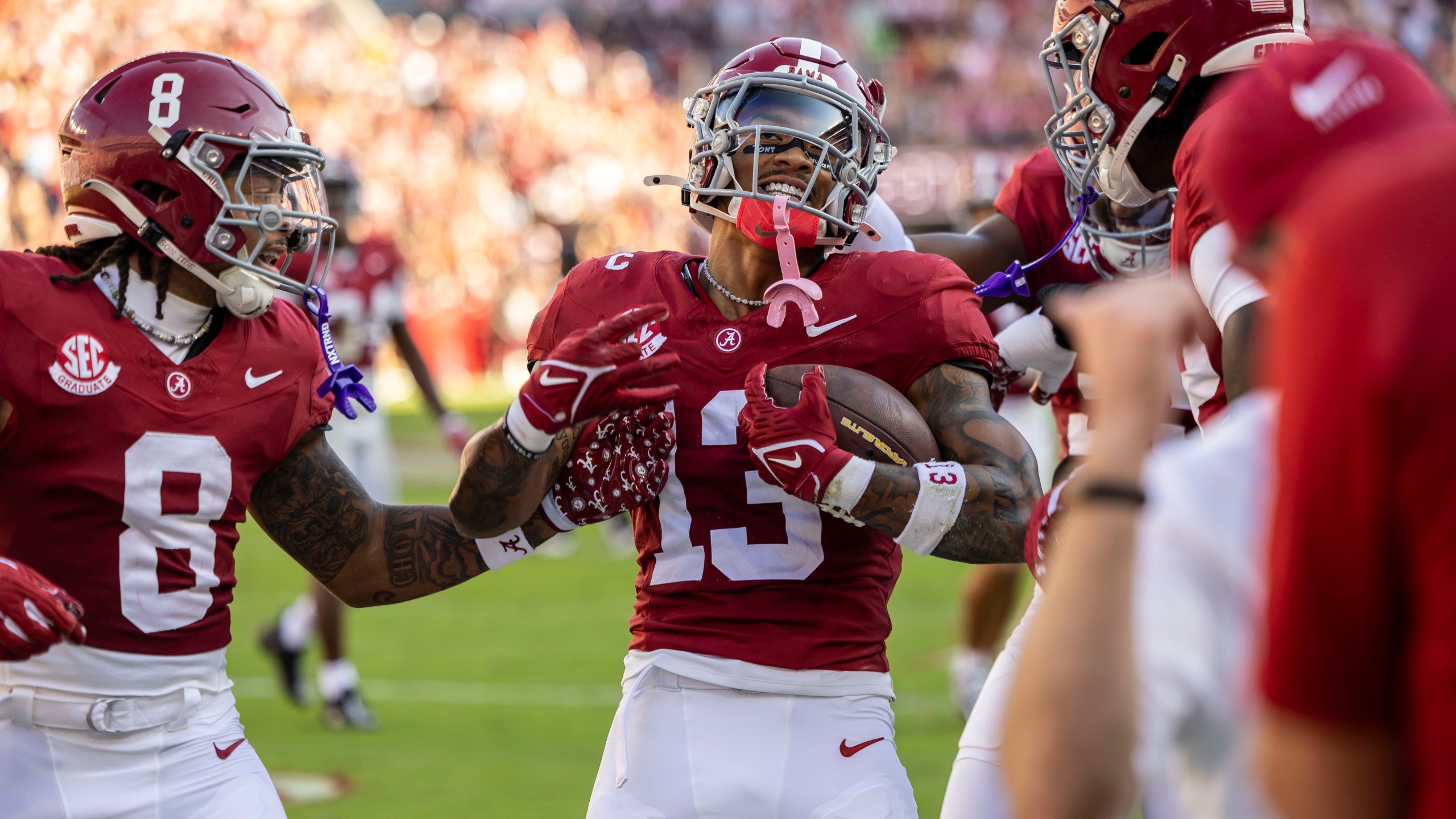 Alabama defensive back Malachi Moore (13) celebrates after an interception during the first half of an NCAA college football game against Missouri, Saturday, Oct. 26, 2024, in Tuscaloosa, Ala. (AP Photo/Vasha Hunt)