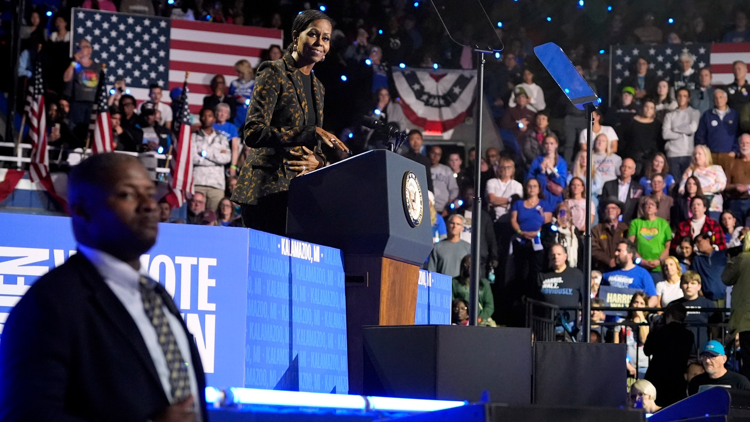 Former first lady Michelle Obama speaks at a campaign rally for democratic presidential nominee Vice President Kamala Harris at the Wings Event Center, in Kalamazoo, Mich., Saturday, Oct. 26, 2024.(AP Photo/Jacquelyn Martin)