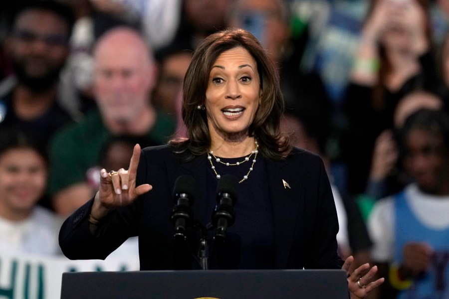 Democratic presidential nominee Vice President Kamala Harris speaks during a community rally at the Alan Horwitz "Sixth Man" Center, Sunday, Oct. 27, 2024, in Philadelphia. (AP Photo/Matt Rourke)