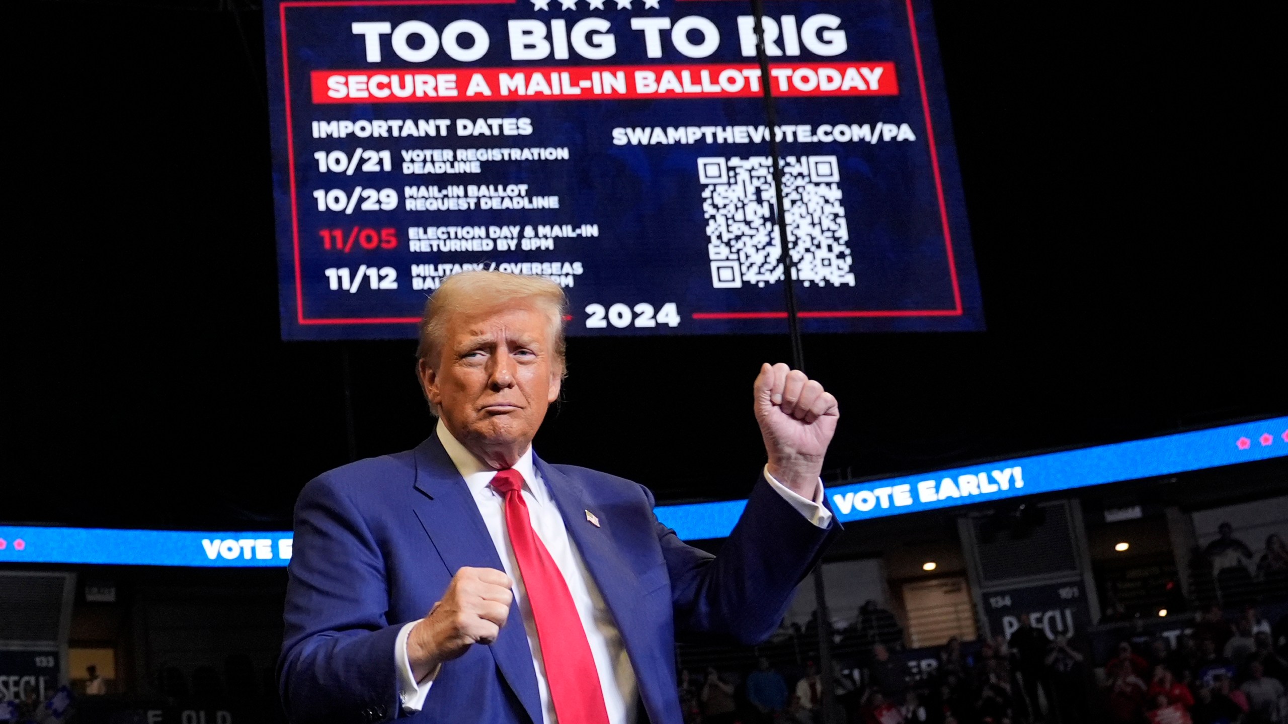 Republican presidential nominee former President Donald Trump dances at a campaign rally at the Bryce Jordan Center, Saturday, Oct. 26, 2024, in State College, Pa. (AP Photo/Alex Brandon)