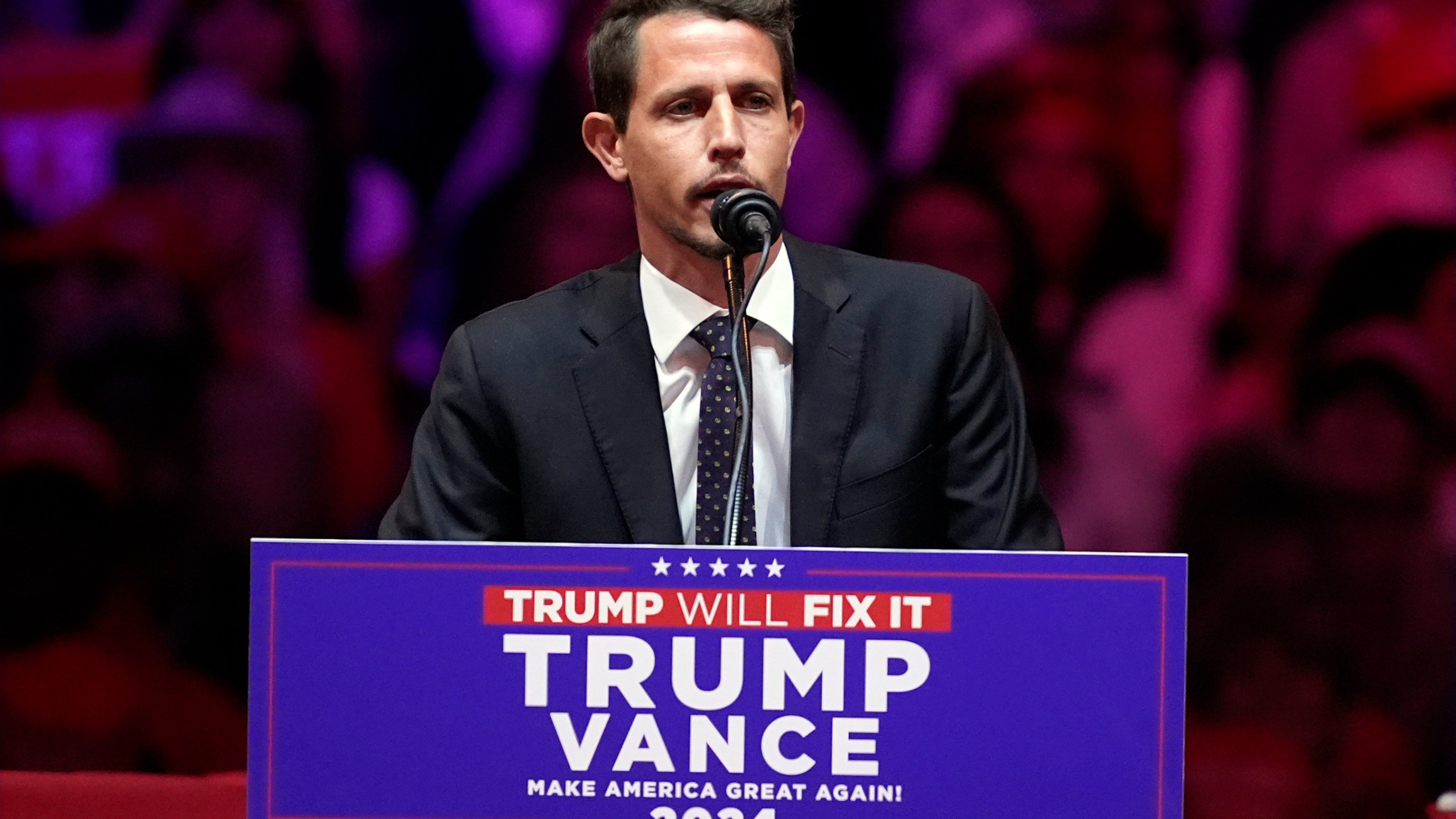 Tony Hinchcliffe speaks before Republican presidential nominee former President Donald Trump during a campaign rally at Madison Square Garden, Sunday, Oct. 27, 2024, in New York. (AP Photo/Evan Vucci)