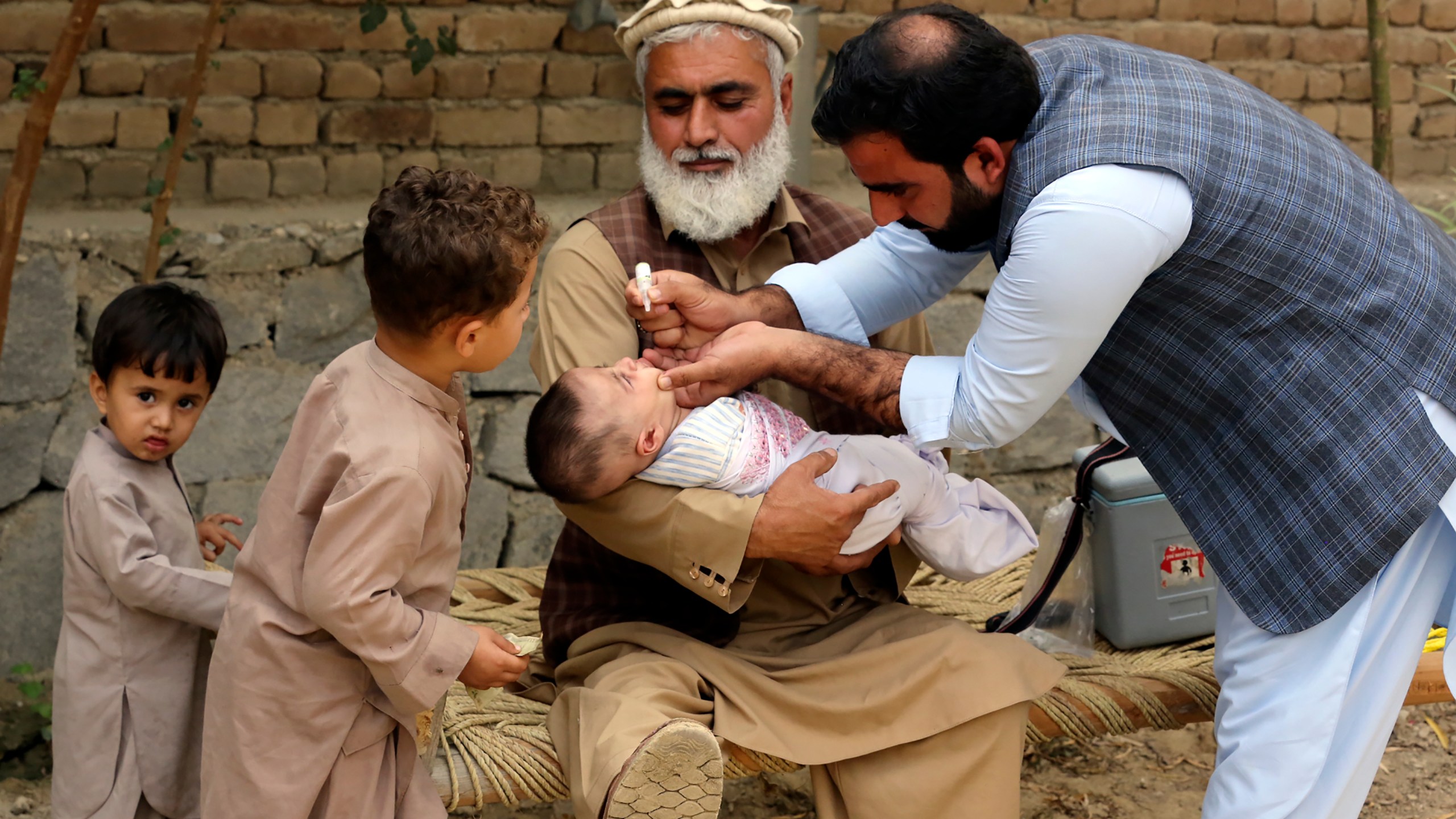 A health worker administers a polio vaccine to a child at a neighborhood of Jalalabad, east of Kabul, Afghanistan, Tuesday, Oct. 29, 2024. (AP Photo/Shafiullah Kakar)