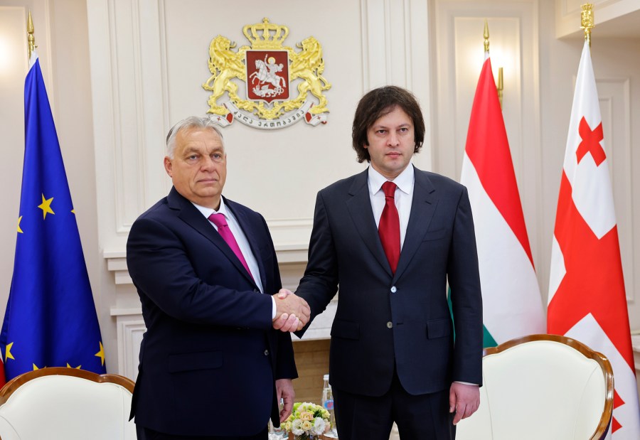 In this photo released by Georgian Prime Minister Press Office on Tuesday, Oct. 29, 2024, Georgian Prime Minister Irakli Kobakhidze, right, and Prime Minister of Hungary Viktor Orban shake hands during their meeting in Tbilisi, Georgia. (Georgian Prime Minister Press Office via AP)