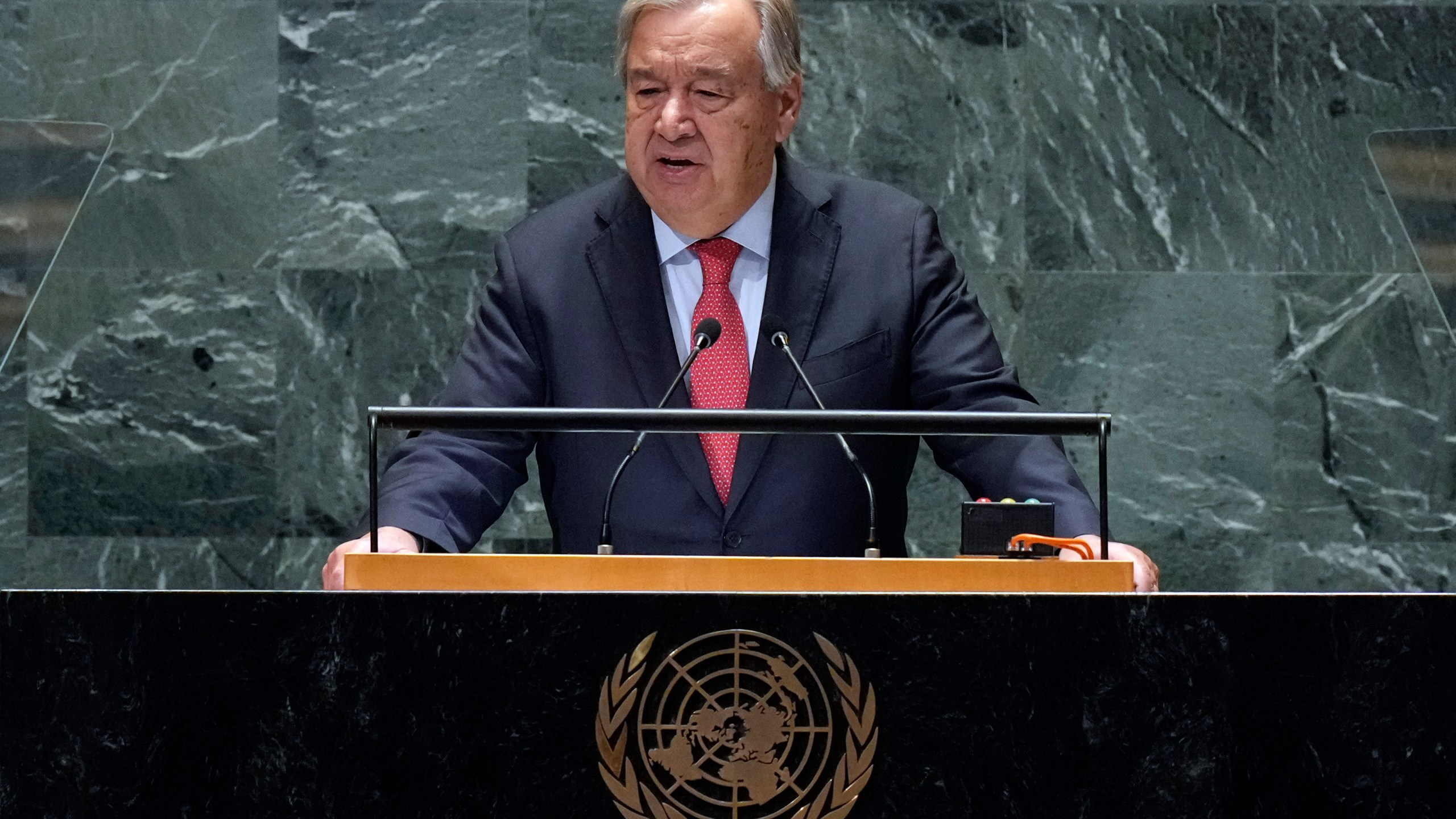 FILE - U.N. Secretary-General Antonio Guterres addresses the 79th session of the United Nations General Assembly, Sept. 24, 2024. (AP Photo/Richard Drew, File)