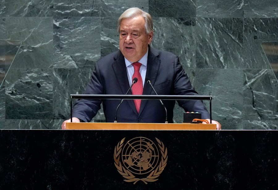 FILE - U.N. Secretary-General Antonio Guterres addresses the 79th session of the United Nations General Assembly, Sept. 24, 2024. (AP Photo/Richard Drew, File)