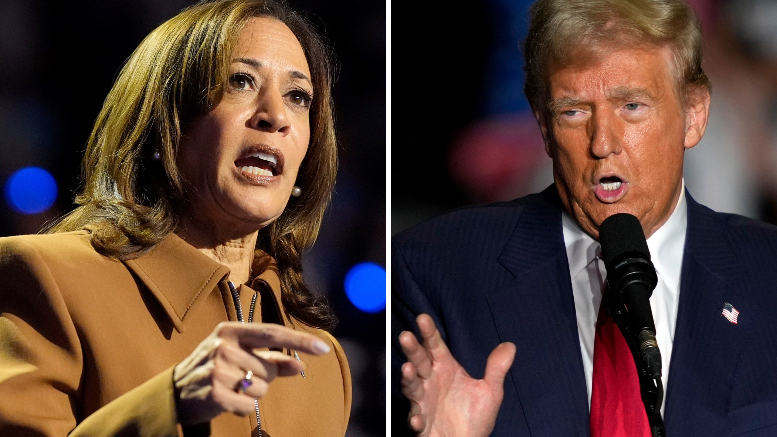 This combination of file photos shows Democratic presidential nominee Vice President Kamala Harris, left, speaking during a campaign rally in Kalamazoo, Mich., Oct. 26, 2024, and Republican presidential nominee former President Donald Trump, right, speaking during a campaign rally Oct. 22, 2024, in Greensboro, N.C. (AP Photo)