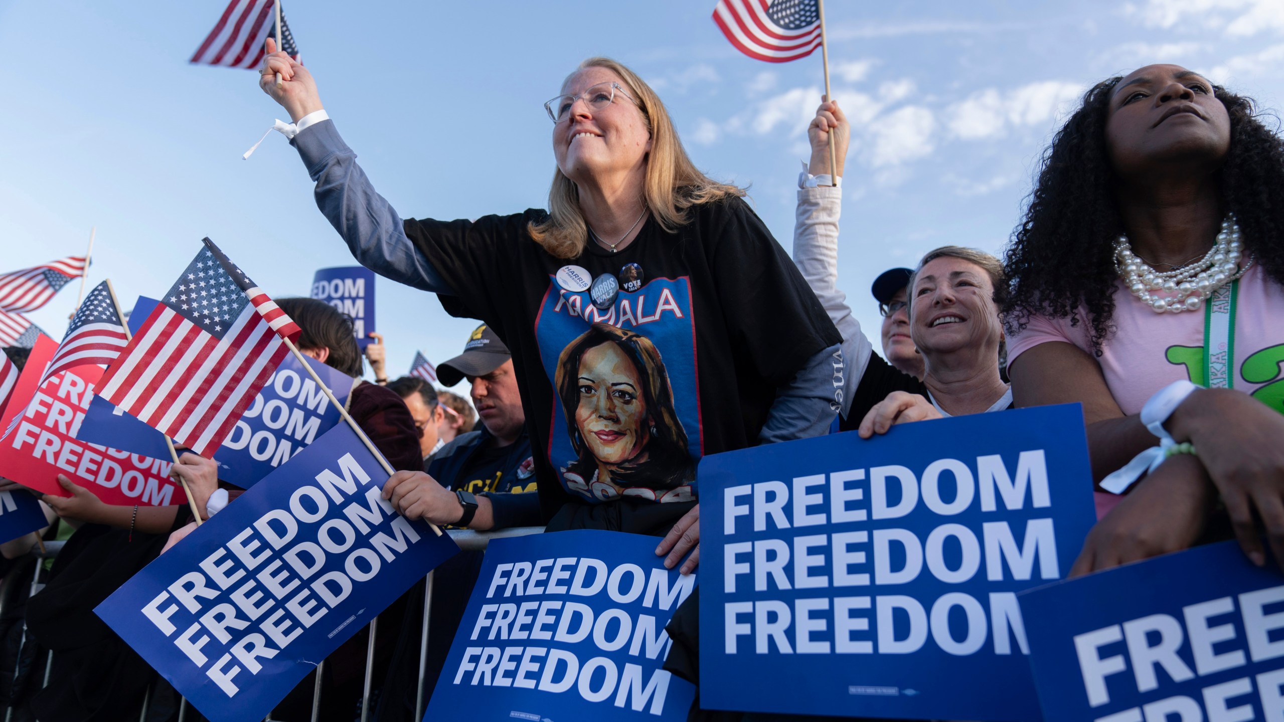 Supporters of Democratic presidential nominee Vice President Kamala Harris attend a campaign rally in Washington, Tuesday, Oct. 29, 2024. (AP Photo/Jose Luis Magana)