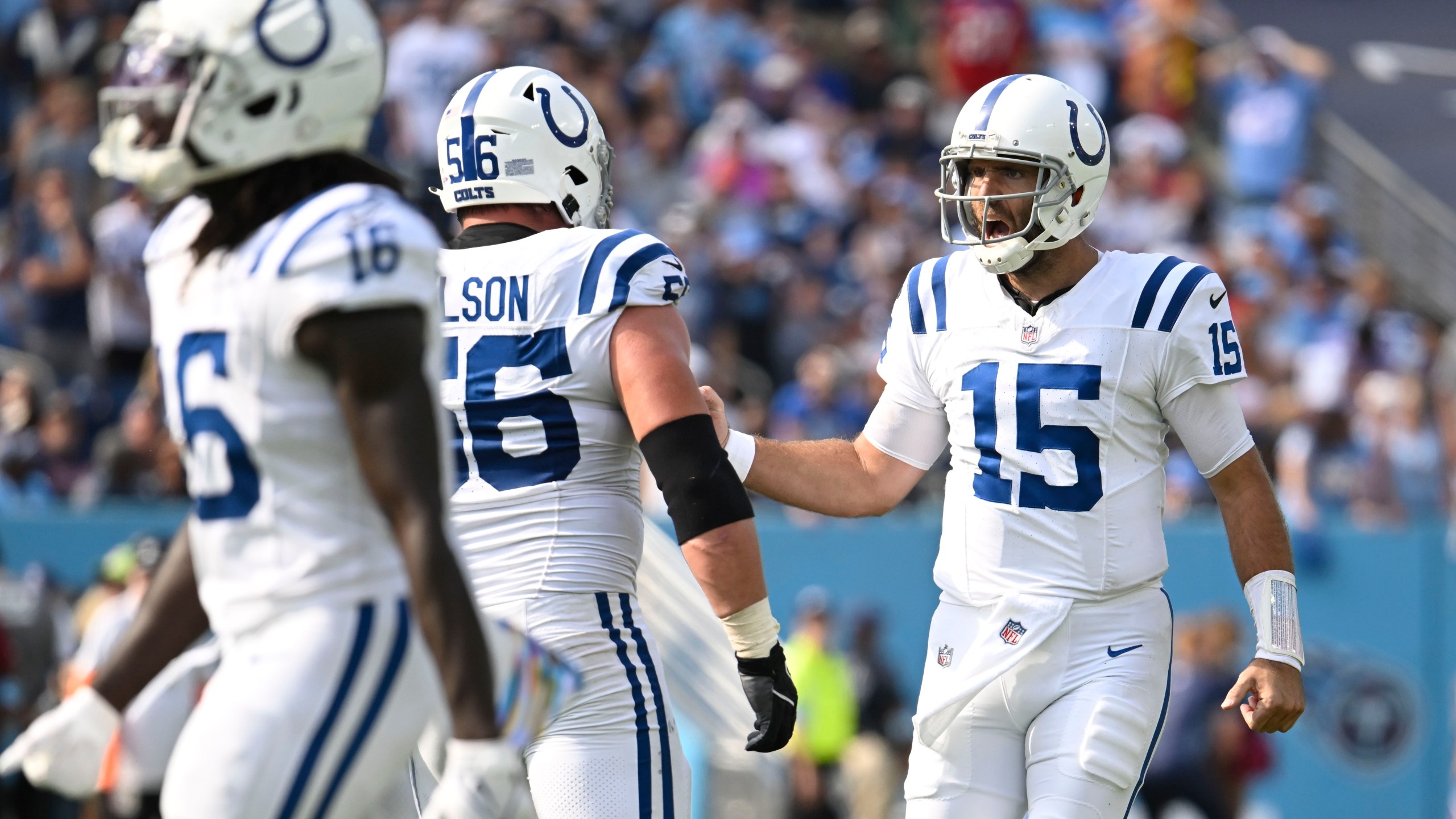 Indianapolis Colts quarterback Joe Flacco (15) reacts after throwing a touchdown pass during the second half of an NFL football game against the Tennessee Titans, Sunday, Oct. 13, 2024, in Nashville, Tenn. (AP Photo/John Amis)