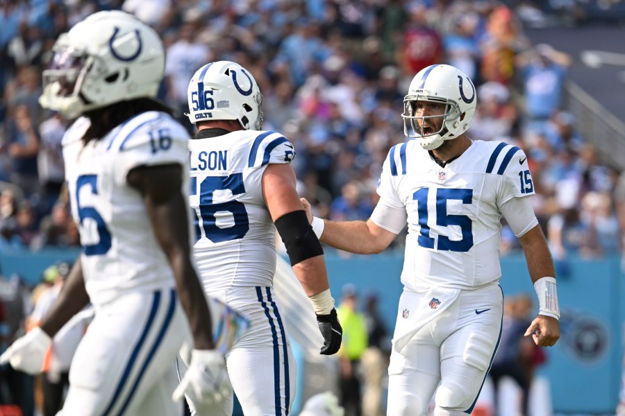 Indianapolis Colts quarterback Joe Flacco (15) reacts after throwing a touchdown pass during the second half of an NFL football game against the Tennessee Titans, Sunday, Oct. 13, 2024, in Nashville, Tenn. (AP Photo/John Amis)