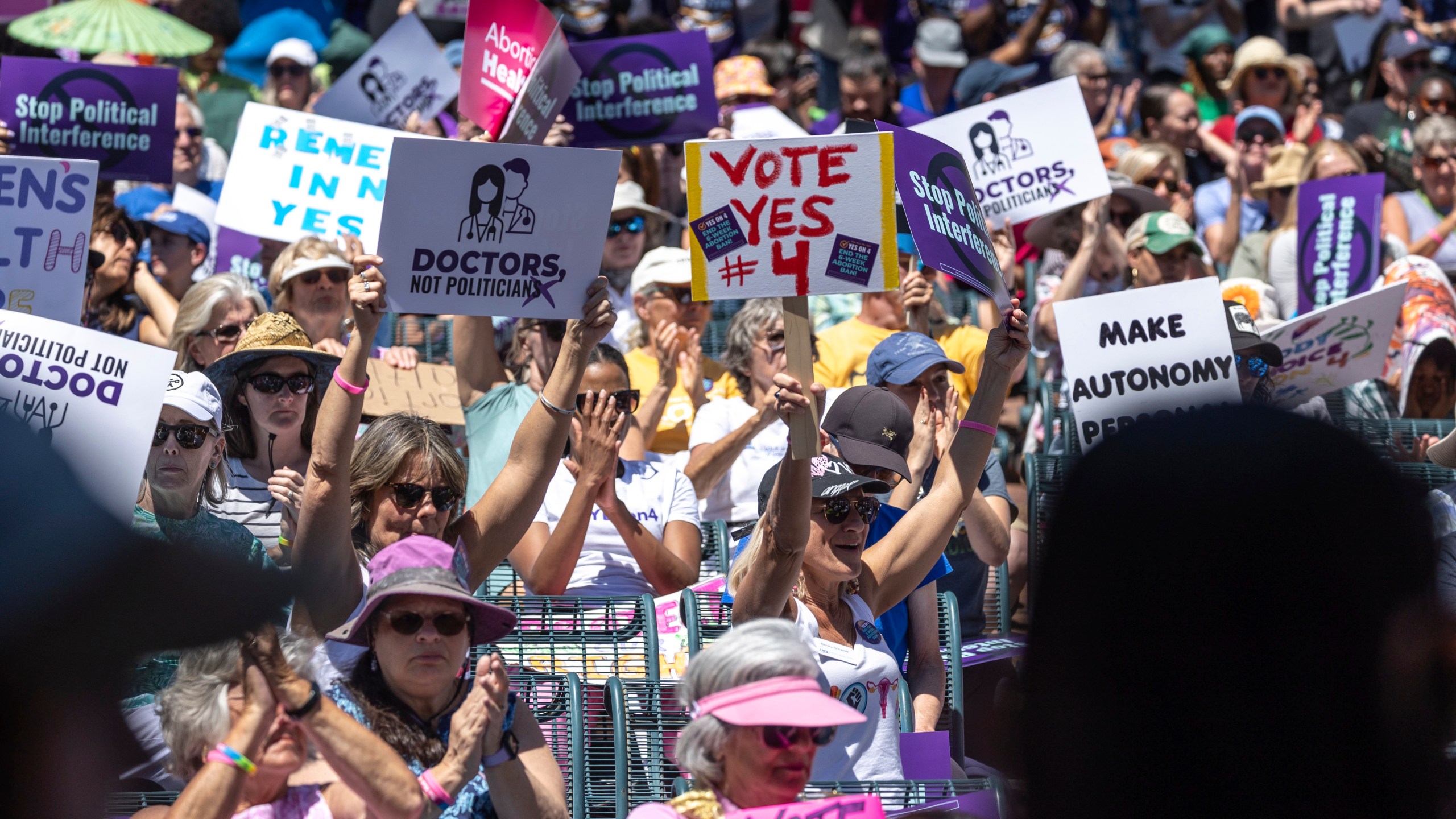 FILE - Abortion rights advocates hold a rally in support of the "Yes On 4" campaign in downtown Orlando, Fla., April 13, 2024. (Willie J. Allen Jr./Orlando Sentinel via AP, File)