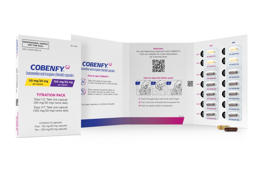 This image provided by Bristol Myers Squibb in October 2024 shows the company's drug Cobenfy, which the U.S. Food and Drug Administration approved for the treatment of schizophrenia in September 2024. (Bristol Myers Squibb via AP)