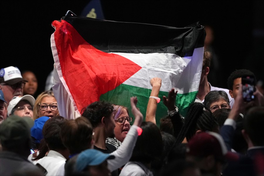 A protesters holds up a Palestinian flag as Democratic presidential nominee Vice President Kamala Harris speaks during a campaign event at the PA Farm Show Complex and Expo Center, Wednesday, Oct. 30, 2024, in Harrisburg, Pa. (AP Photo/Matt Slocum)