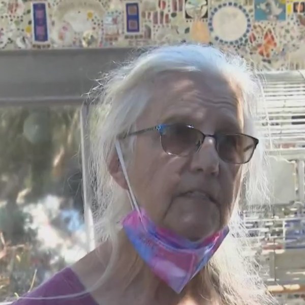 A white-haired woman wearing eyeglasses and a cloth mask pulled under her chin speaks to a NewsNation reporter in front of her Florida animal sanctuary