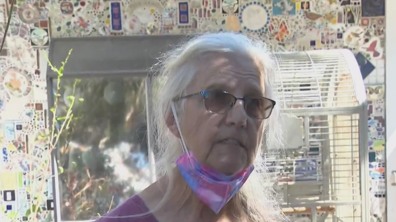 A white-haired woman wearing eyeglasses and a cloth mask pulled under her chin speaks to a NewsNation reporter in front of her Florida animal sanctuary