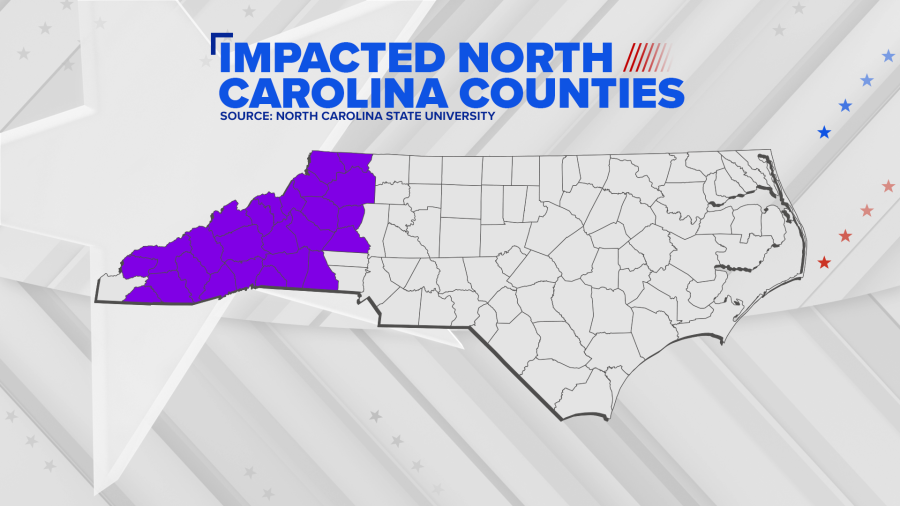 A picture of counties Helene has impacted in North Carolina.