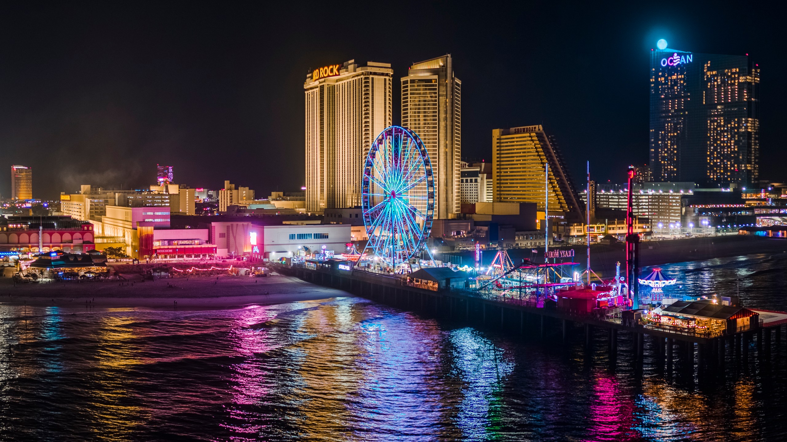 A night view of the Boardwalk in Atlantic City, New Jersey.