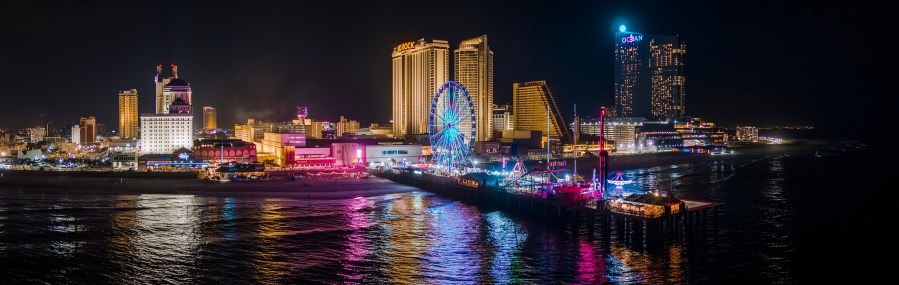 A night view of the Boardwalk in Atlantic City, New Jersey.