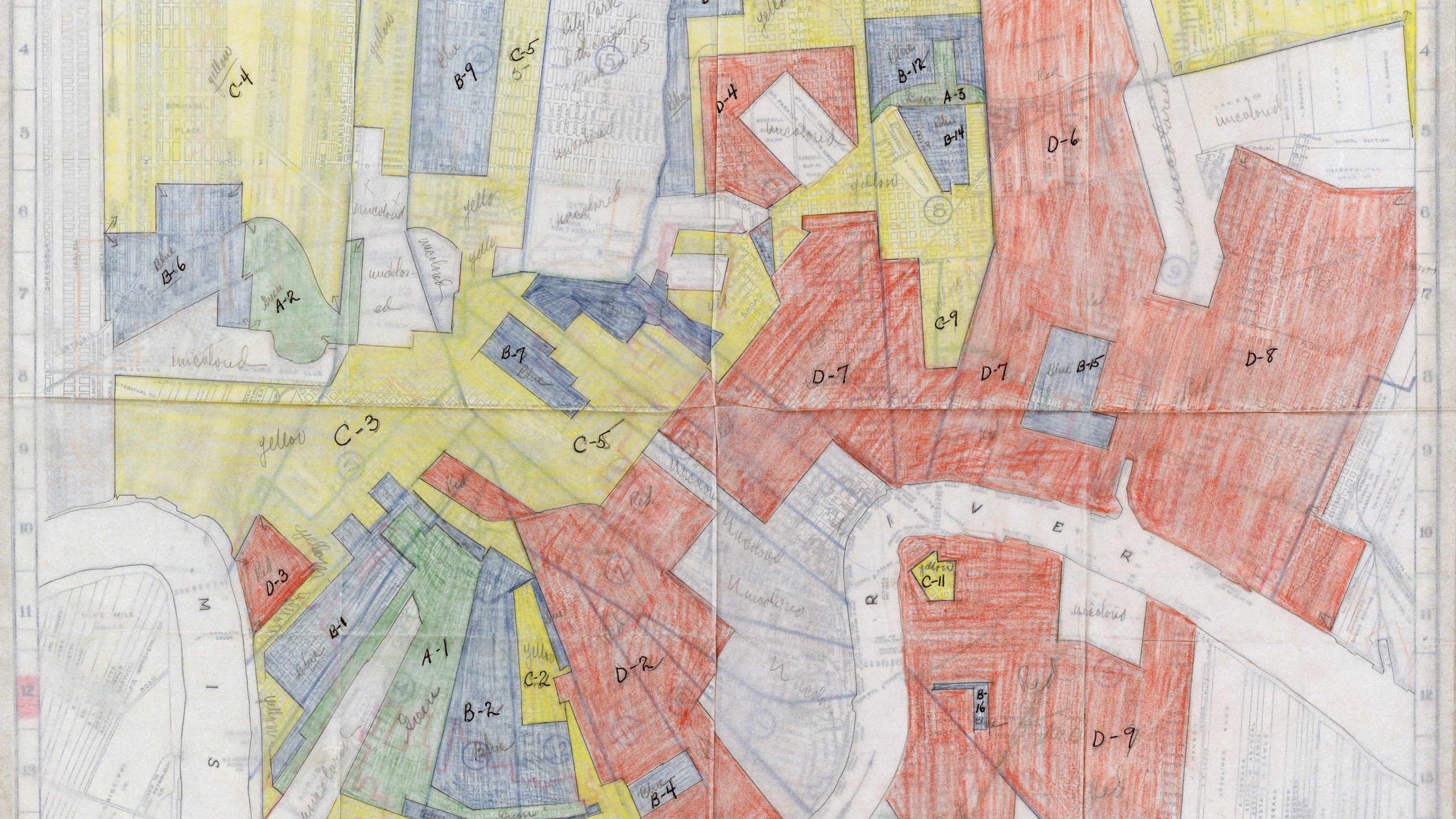 Color coded illustrated map of New Orleans, Louisiana in the United States, 1930s.