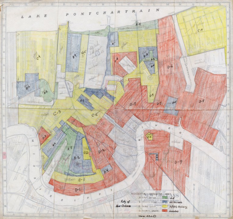 Color coded illustrated map of New Orleans, Louisiana in the United States, 1930s.