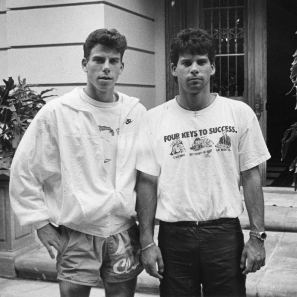 Erik Menendez, left, and is brother Lyle, in front of their Beverly Hills home