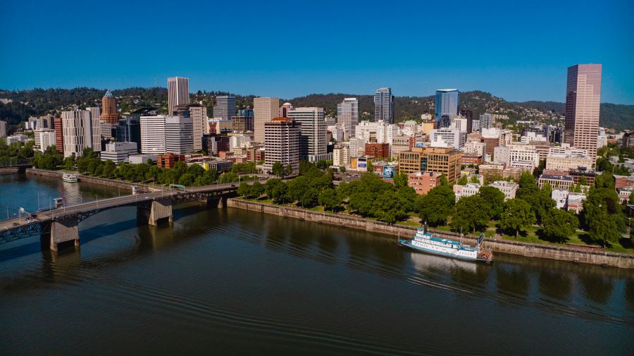 Aerial view of Willamette River running through downtown Portland, Oregon.