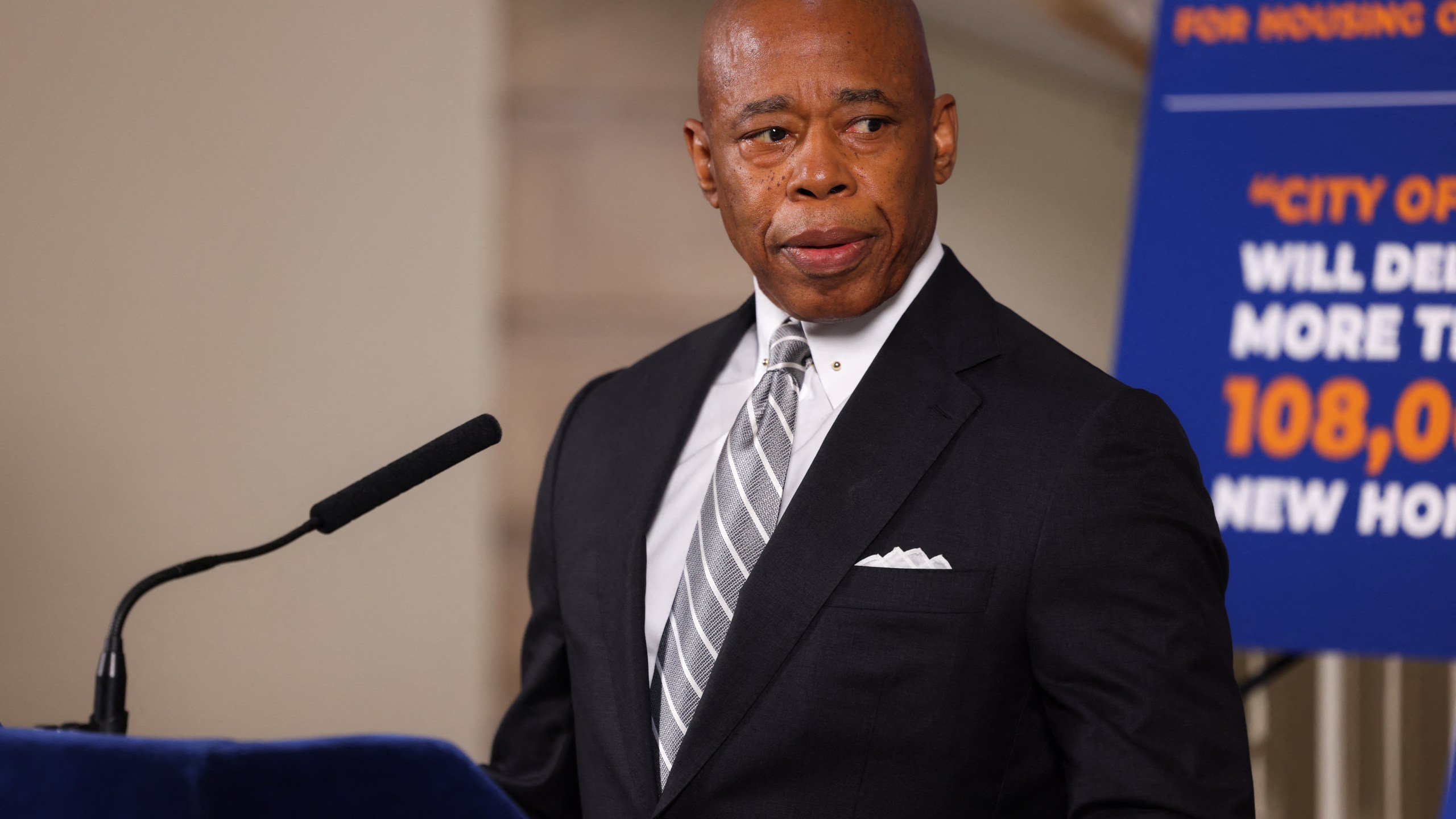 New York City Mayor Eric Adams gives a press conference in the city hall rotonda in New York City on October 1, 2024.