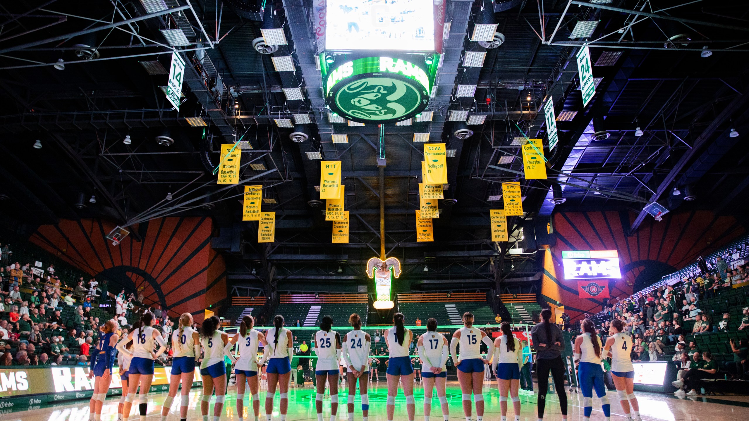 The San Jose State University Spartans line up before a women's volleyball game against the Colorado State University Rams on Thursday, Oct. 03, 2024.