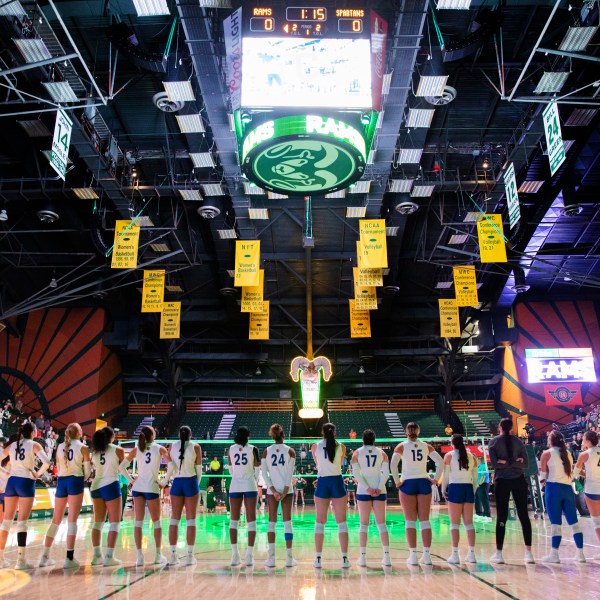 The San Jose State University Spartans line up before a women's volleyball game against the Colorado State University Rams on Thursday, Oct. 03, 2024.