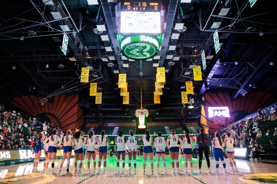 The San Jose State University Spartans line up before a women's volleyball game against the Colorado State University Rams on Thursday, Oct. 03, 2024.