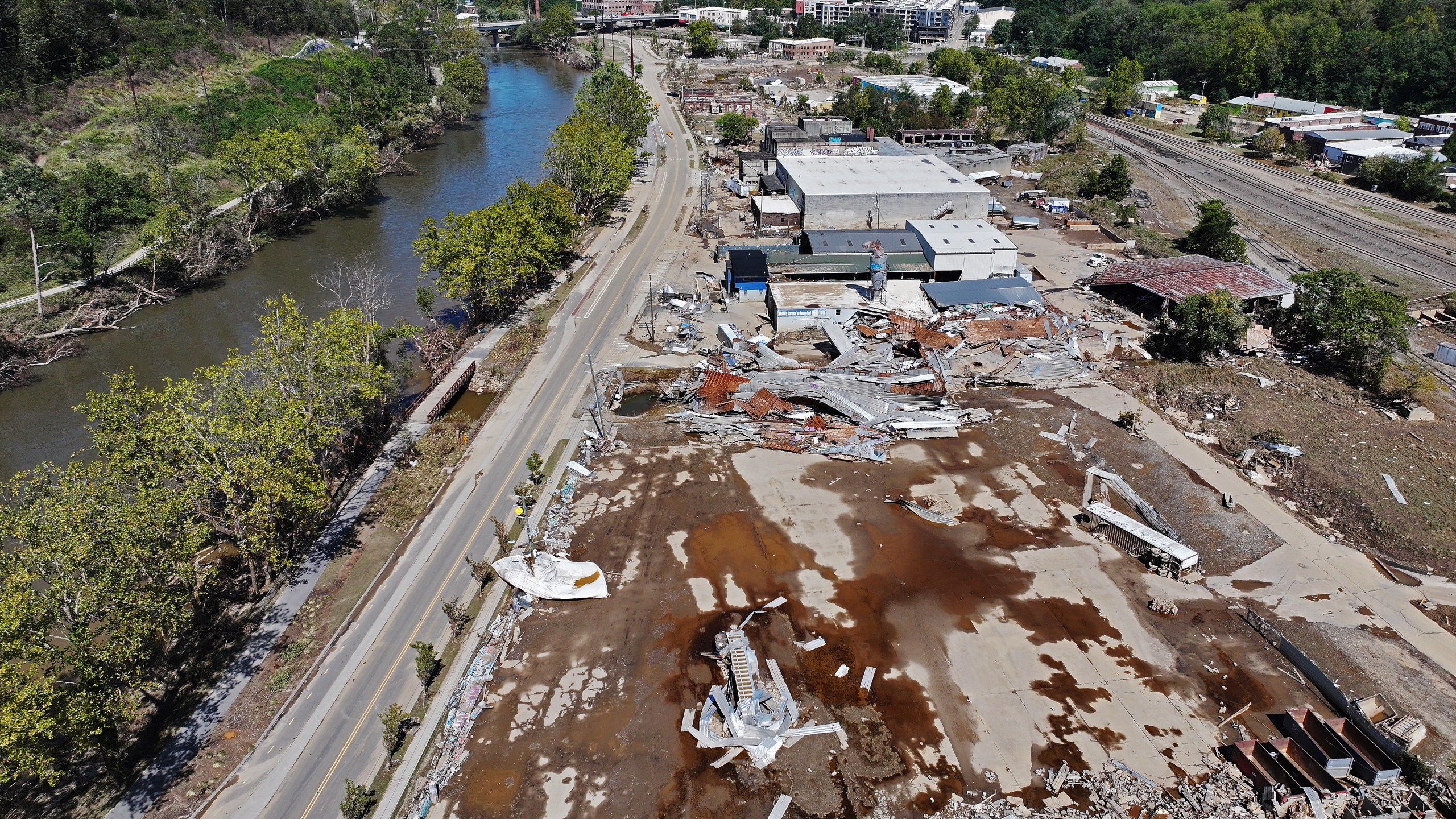 An aerial view of flood damage in Asheville, North Carolina.