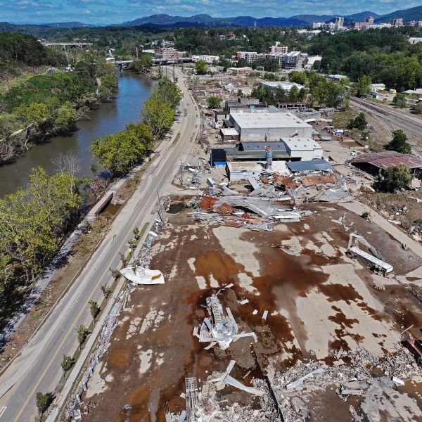 An aerial view of flood damage in Asheville, North Carolina.