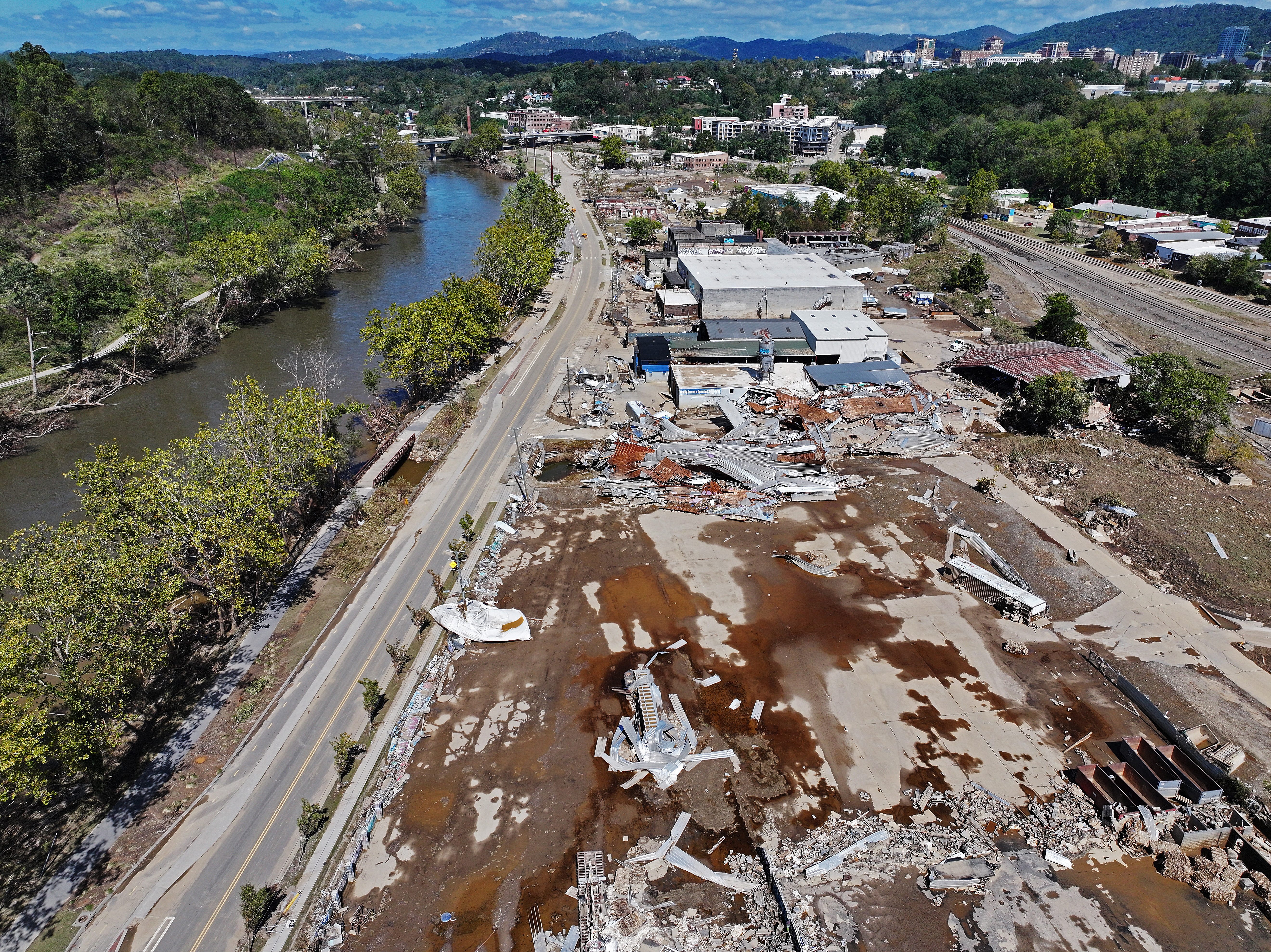 An aerial view of flood damage in Asheville, North Carolina.