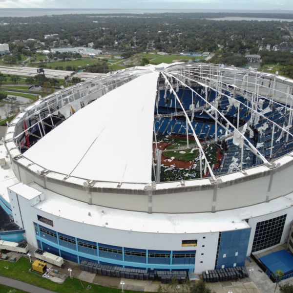 A drone image shows the dome of Tropicana Field which has been torn open due to Hurricane Milton.