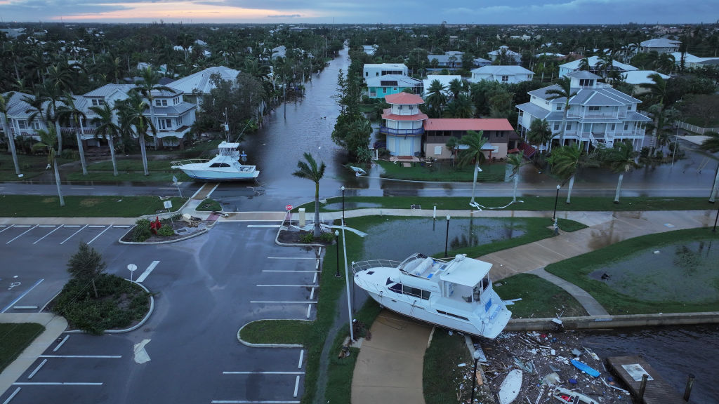 In this aerial view, boats are washed ashore from when Hurricane Milton passed through the area on October 10, 2024, in Punta Gorda, Florida.